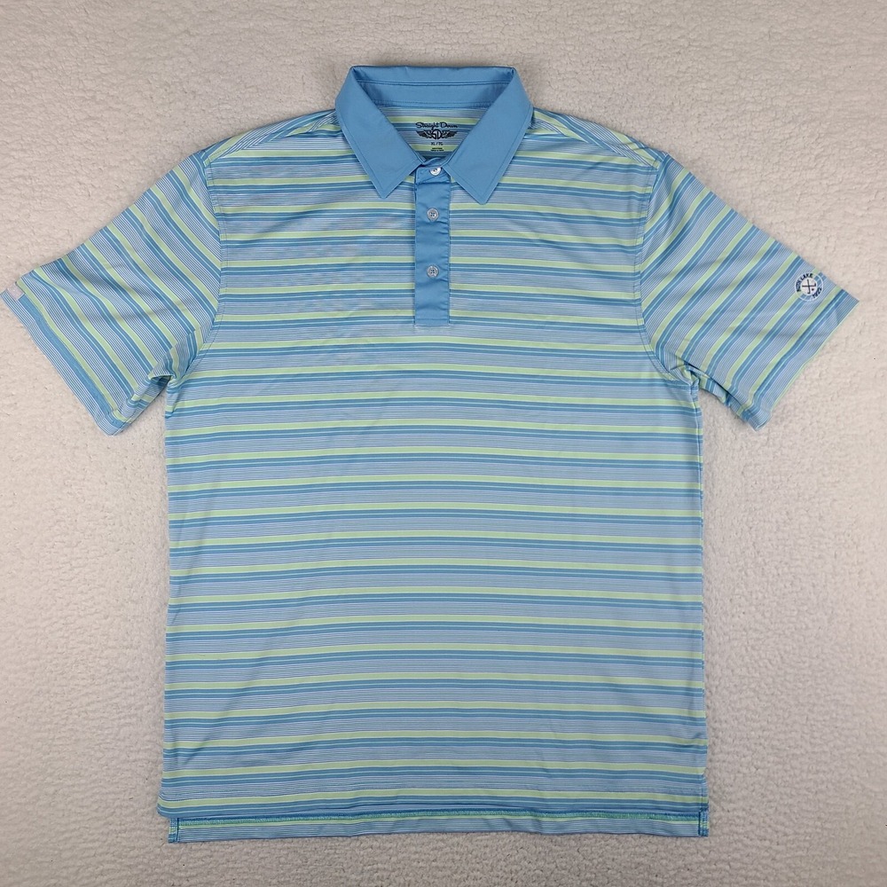 Straight Down Polo Shirt Mens XL Blue Yellow Striped Performance‎ Ruth Lake 1922